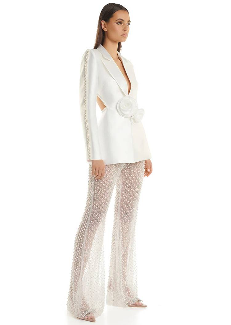 Women's Clothing New Style Hollow Beaded Three Dimensional Flower Suit Pearl Sequin Mesh Trousers Set_autovado.com