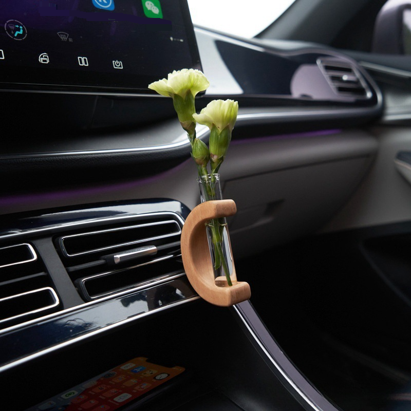 Car air outlet special car mounted vase center console hydroponic flower holder interior decoration solid wood ornament_autovado.com