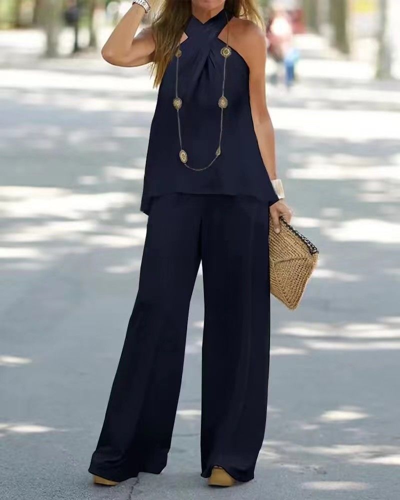 Women's new fashion casual backless solid color sleeveless suit wide-leg pants two-piece suit_autovado.com