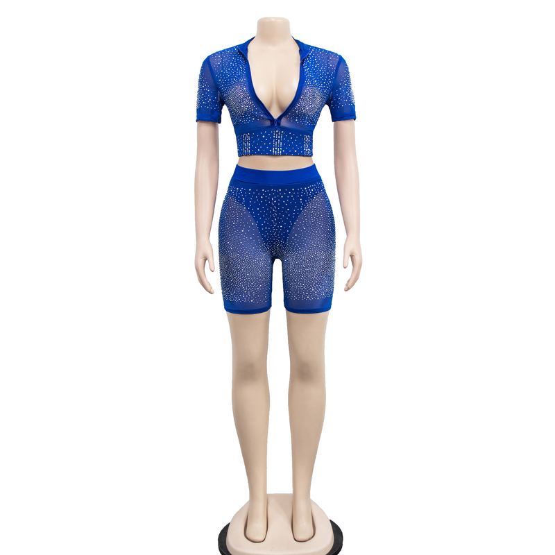 Women's Clothing fashion women's solid color mesh hot diamond short-sleeved shorts two-piece set_autovado.com