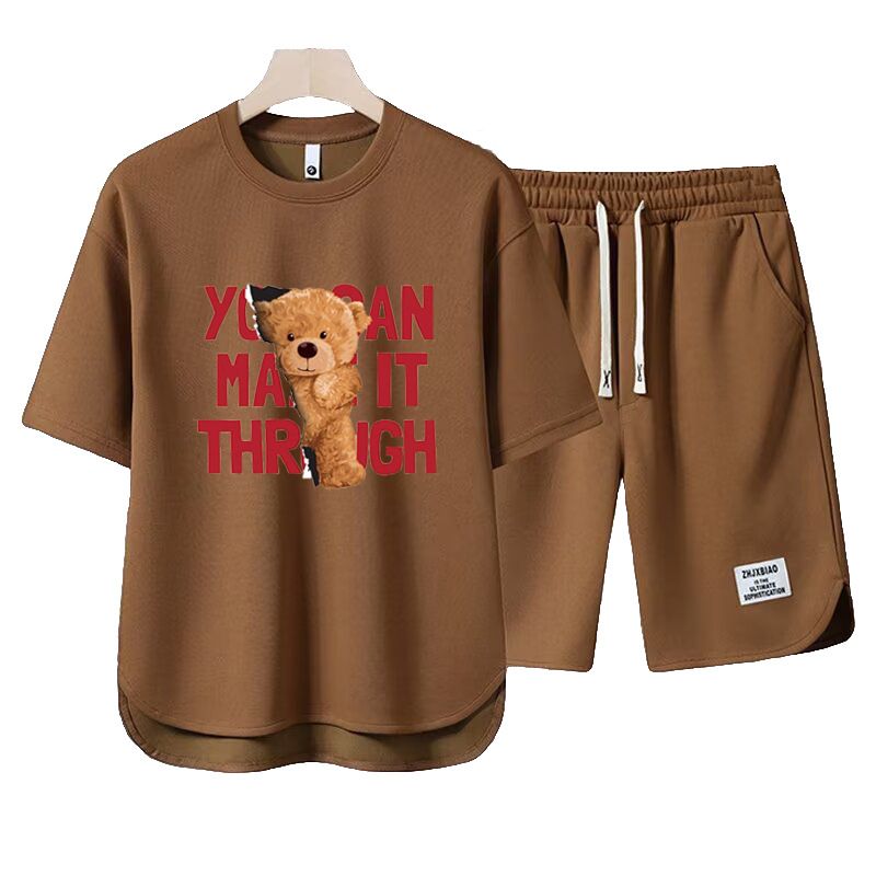 Men's Clothing 2024 Waffle Casual Summer Suit Men's Loose Teen Short sleeved T shirt Shorts Handsome Two piece Suit_autovado.com