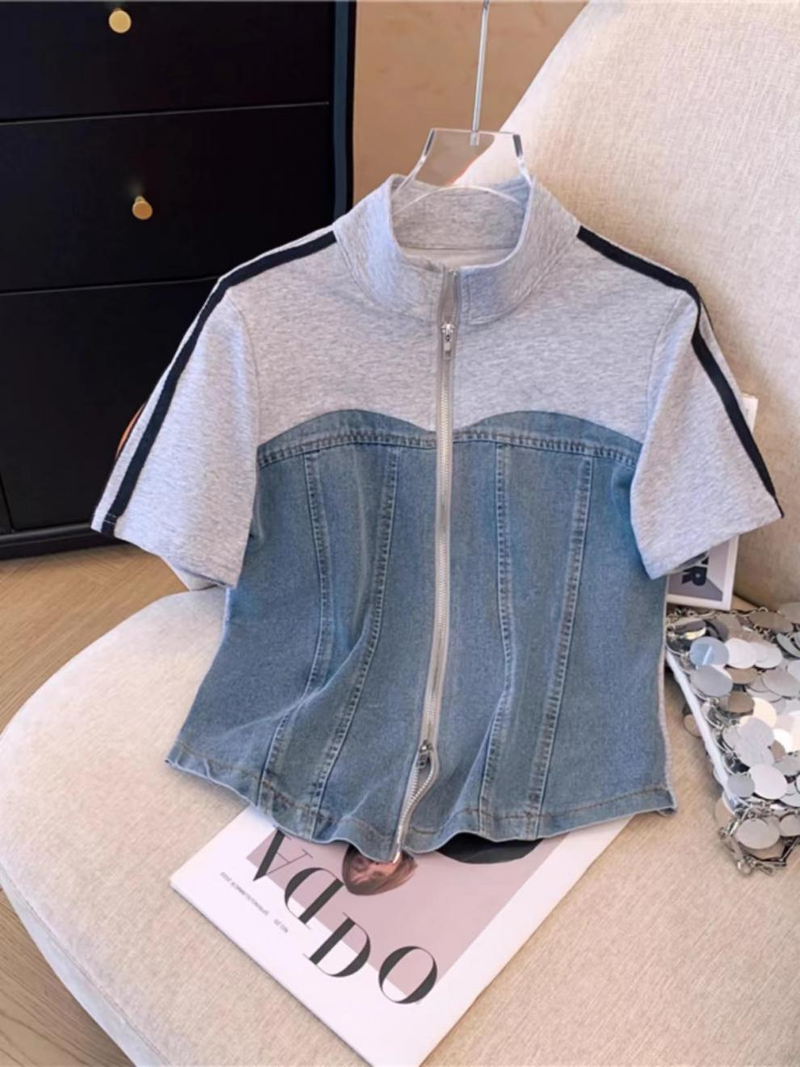 New Women's Contrasting Color Stand Up Collar Zipper Two-piece Top, Wide Leg Pants, Sporty High-end Slimming Two-piece Set_autovado.com