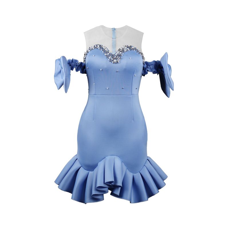 Women's Splicing perspective mesh beaded bow hip skirt party plus size women's dress party dress_autovado.com