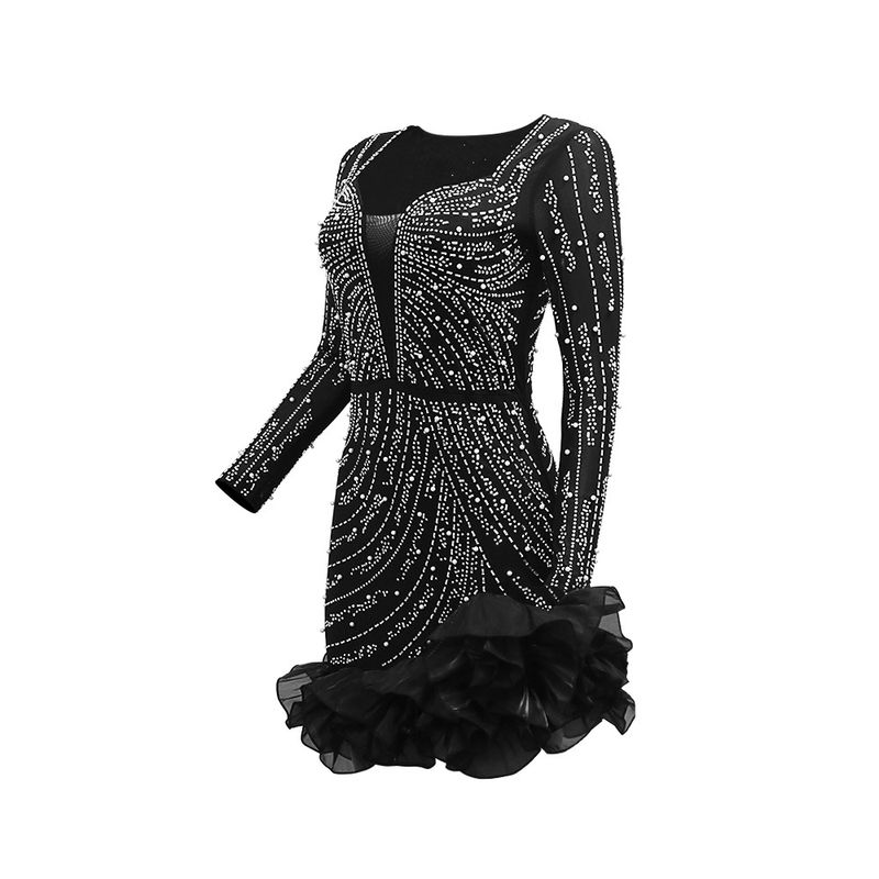 Women's Clothing Hot Diamond And Bubble Bead Dress Short Skirt For Women, Fashionable Long Sleeves And Square Collar_autovado.com