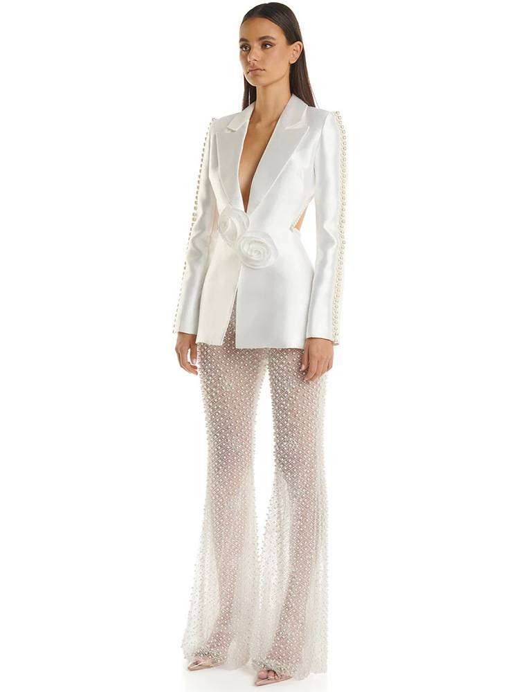 Women's Clothing New Style Hollow Beaded Three Dimensional Flower Suit Pearl Sequin Mesh Trousers Set_autovado.com