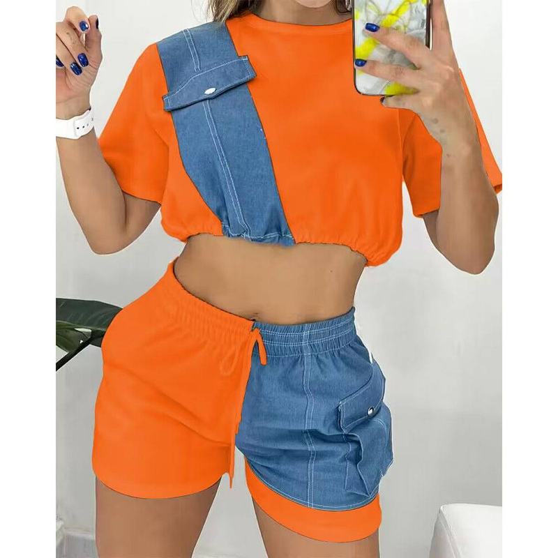 Women's Wholesale New Model Summer Imitation Denim Splicing Short Casual Suit_autovado.com