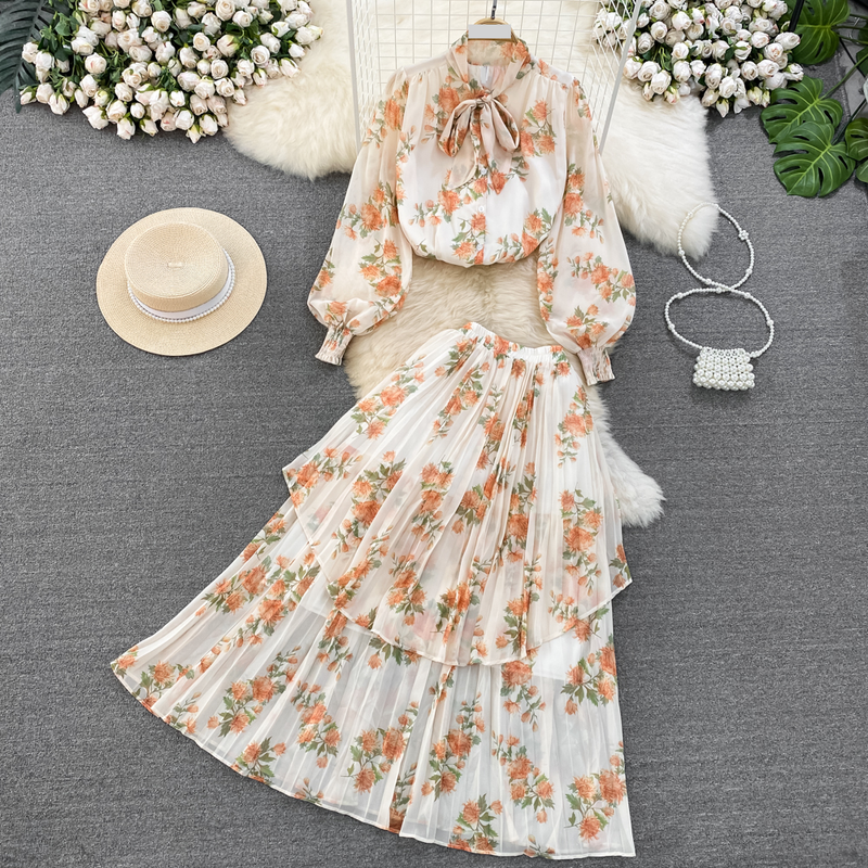 Women's Clothing light mature style, lantern long sleeves, bowknot, loose printed chiffon shirt, two-piece suit, high waist skirt_autovado.com
