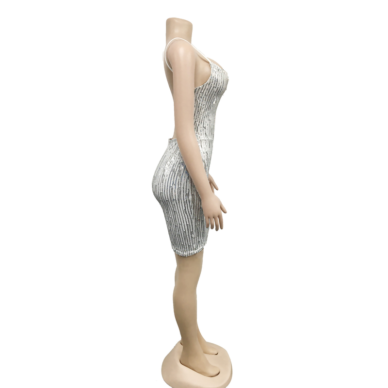 Women's solid color sequined sleeveless V-neck backless dress for women_autovado.com