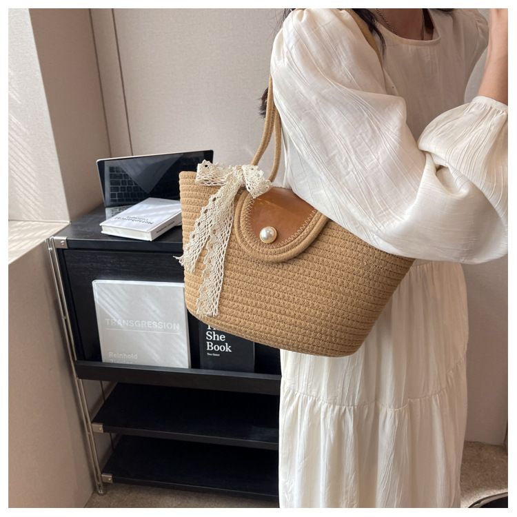 Chic Handbags 2024 New Woven Holiday Shoulder Bag Fashionable and Versatile Large-capacity Tote Bag Beach Bucket Bag_autovado.com