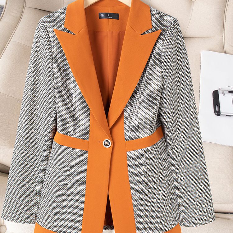 Women's Clothing high-end slim slimming heavy work sequins professional Plaid color matching suit_autovado.com