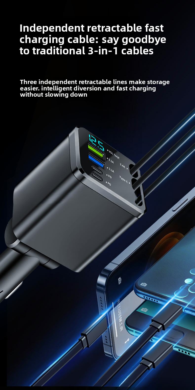 Digital Display Retractable Cable Charger PD Car Super Fast Charging Five-in-One Cigarette Lighter Cross-Border_autovado.com