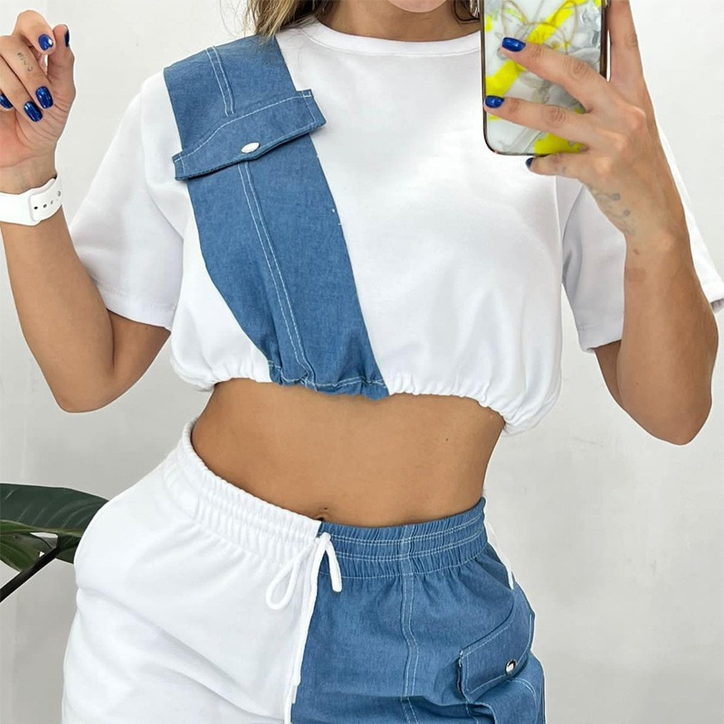 Women's Wholesale New Model Summer Imitation Denim Splicing Short Casual Suit_autovado.com