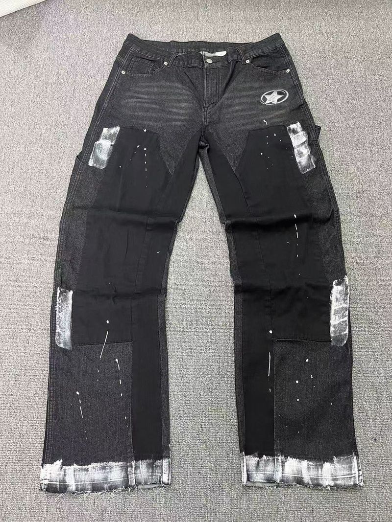 Men's Y2K Distressed Denim Jeans - Star Print Paint Splatter & Foil Design, Straight Leg Retro Streetwear_autovado.com