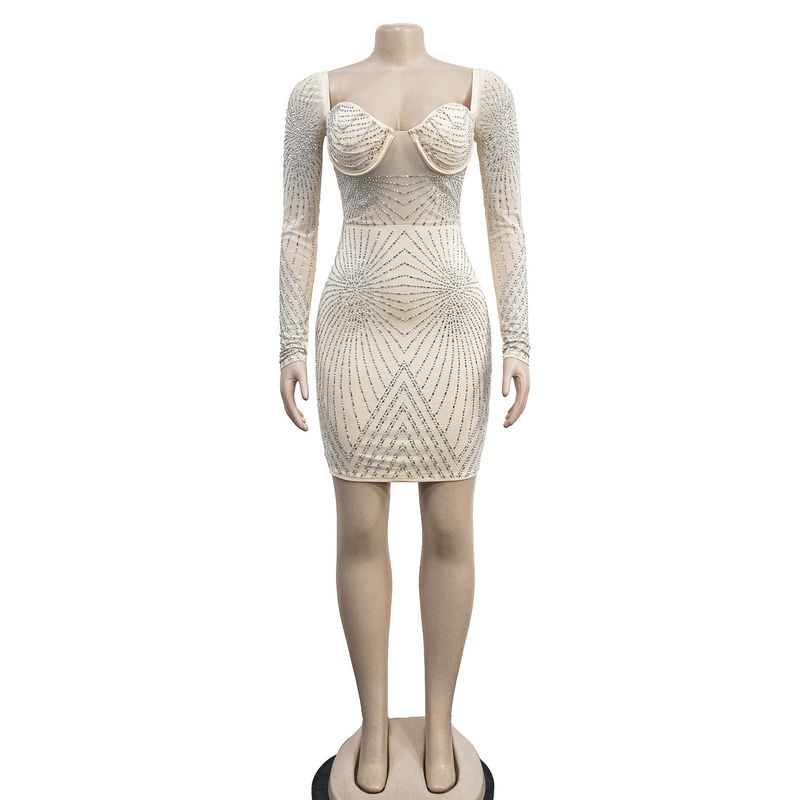 Women's solid color mesh rhinestone long-sleeved short skirt dress_autovado.com