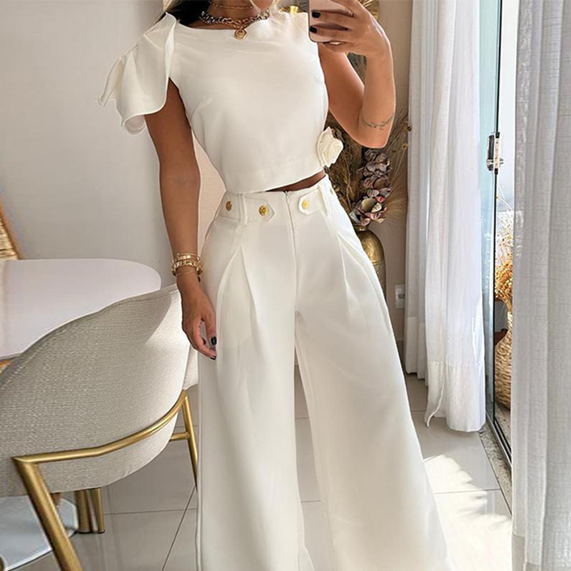 Women's Fashion Solid Color Single Room Petal Sleeve High Waist Temperament Pants Suit For Women_autovado.com