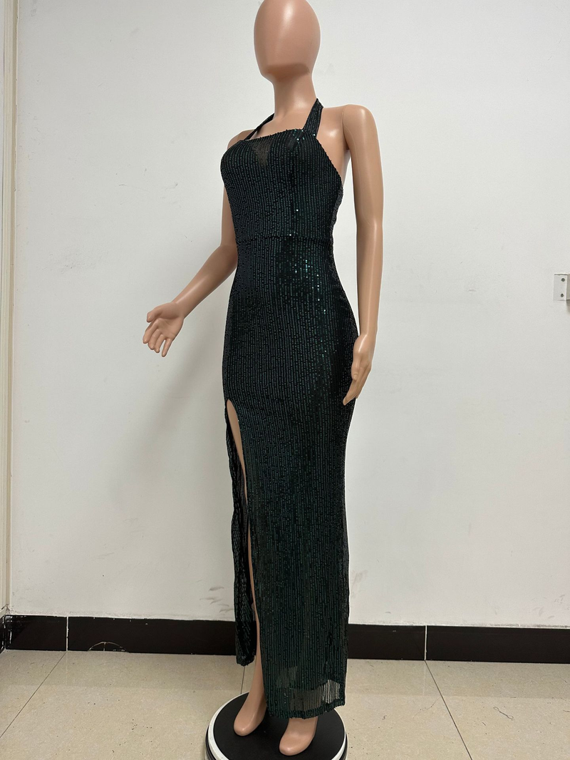 Women's slit sleeveless hot girl dress female halter neck backless sequin dress skirt_autovado.com