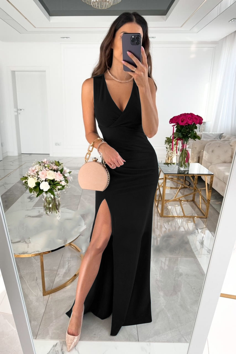 Women's Clothing summer new V-neck sleeveless slit solid color long dress_autovado.com