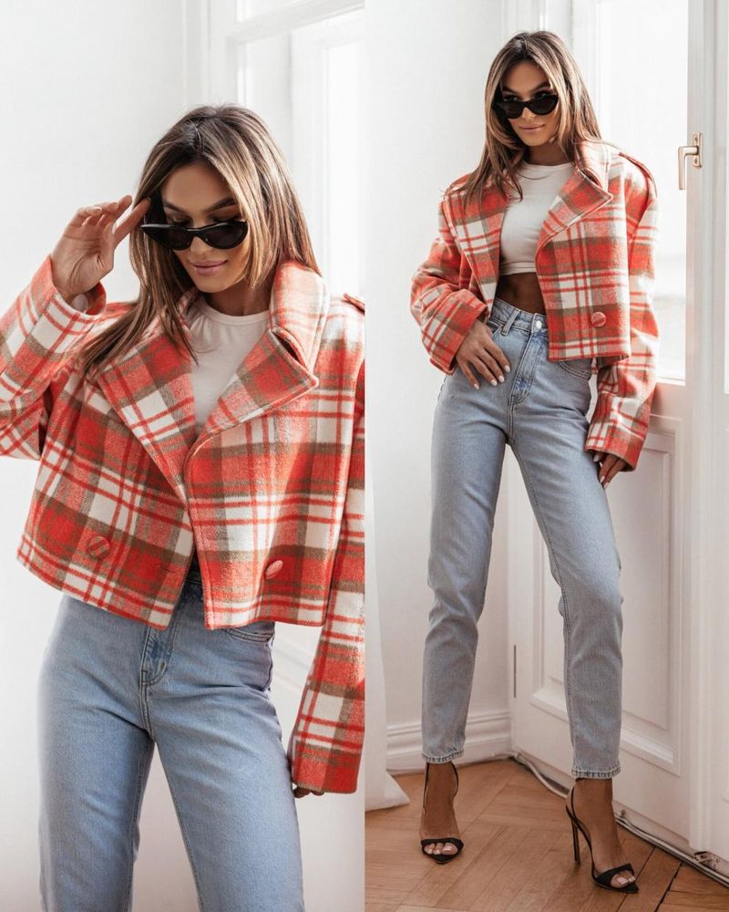 Women's Clothing New 2024 Fashion Suit Collar Plaid Printed Wool Coat_autovado.com