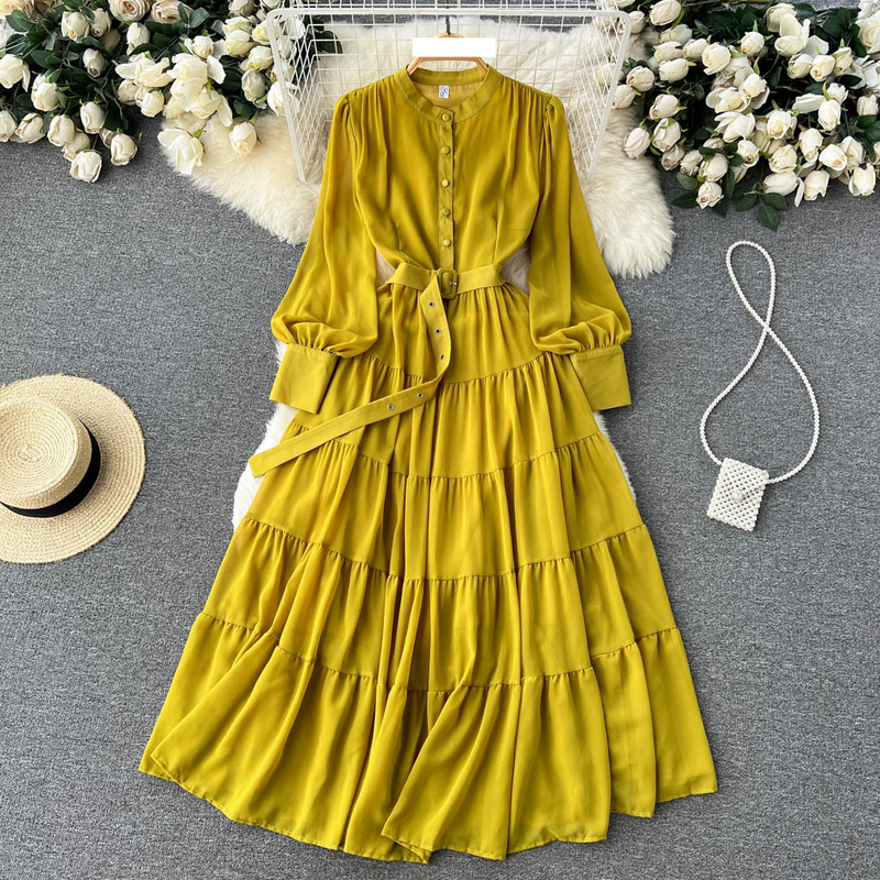 Women's V-neck Single Breasted Chiffon French Vintage Waist Slimming Big Swing A-line Long Skirt_autovado.com