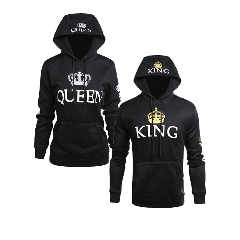 Couple wear QUEEN KING printed hooded long-sleeved couple wear sweatshirt for men and women_autovado.com