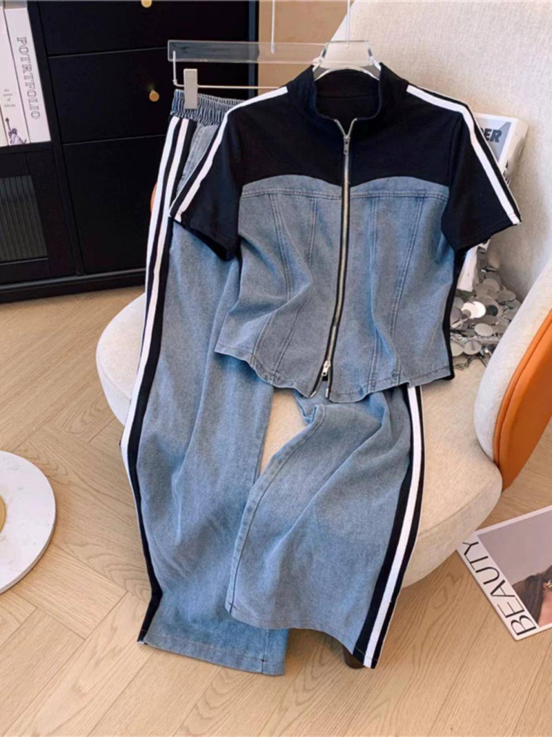 New Women's Contrasting Color Stand Up Collar Zipper Two-piece Top, Wide Leg Pants, Sporty High-end Slimming Two-piece Set_autovado.com