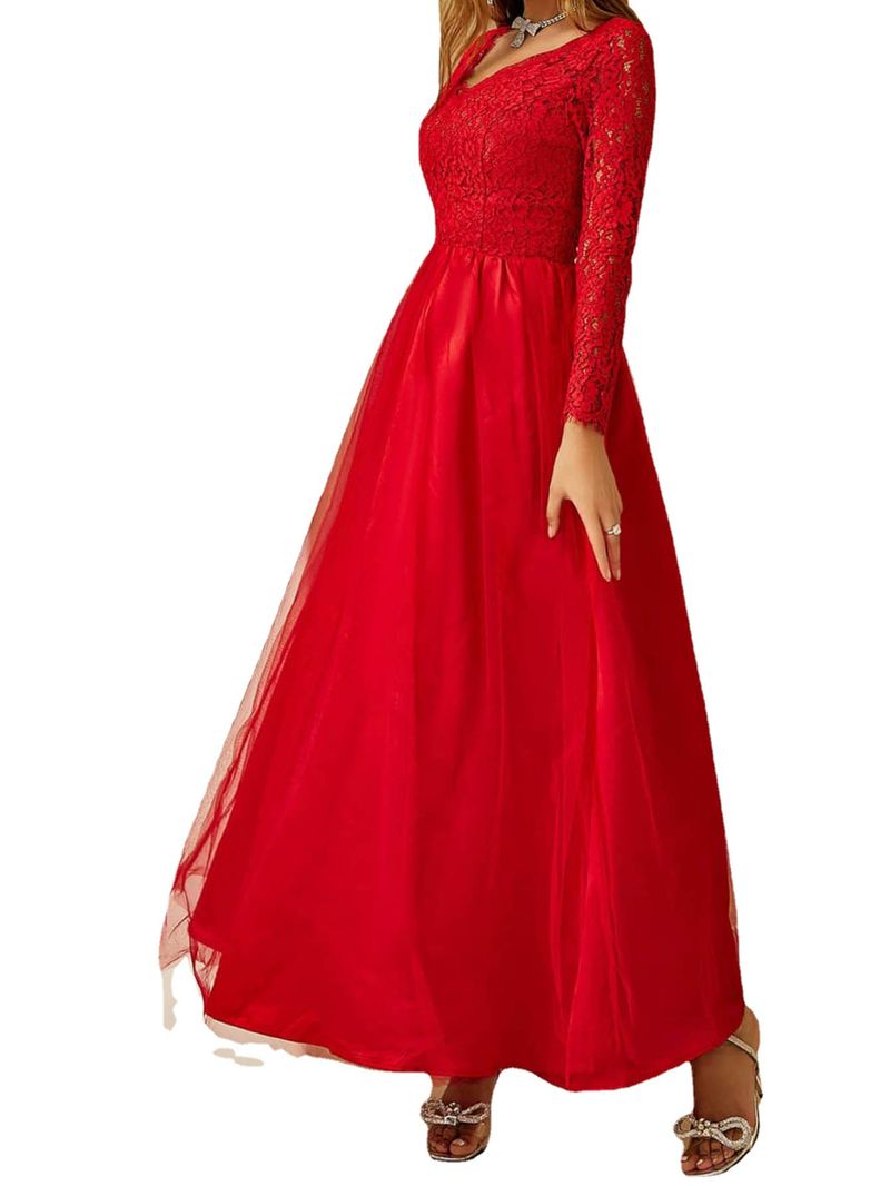 Women's new clothing mesh lace long sleeve wedding wedding dress red evening dress_autovado.com