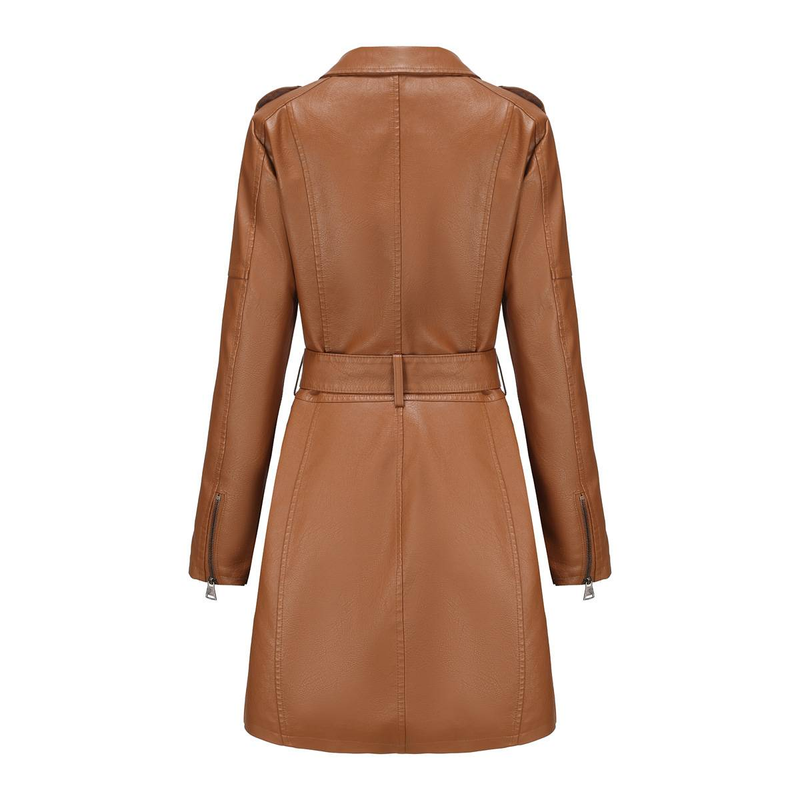 New mid-length leather coat with belt long-sleeved leather trench coat fashionable coat woman_autovado.com