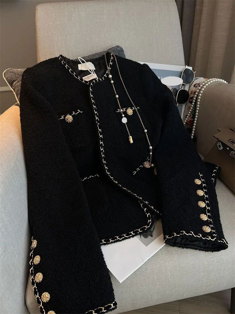 Women's Clothing light luxury small tweed black short jacket all-match royal sister style baseball jacket spring_autovado.com