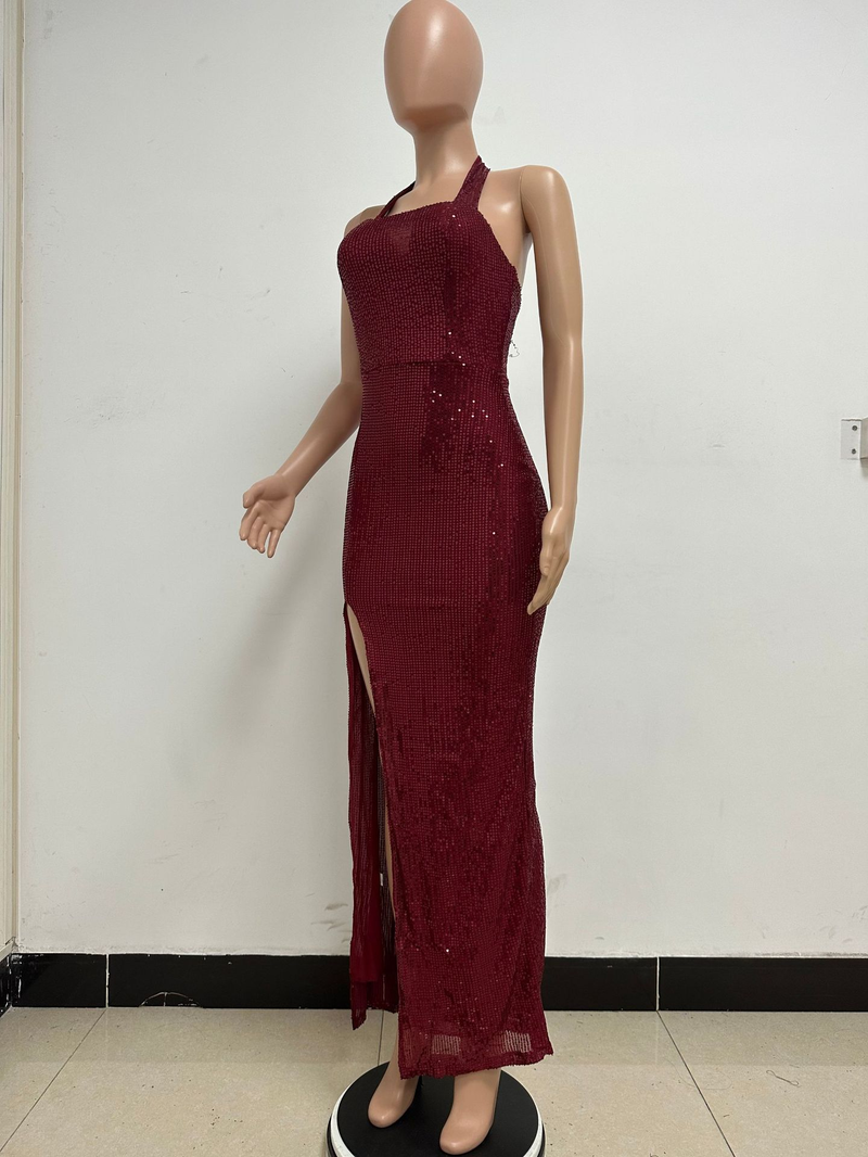 Women's slit sleeveless hot girl dress female halter neck backless sequin dress skirt_autovado.com