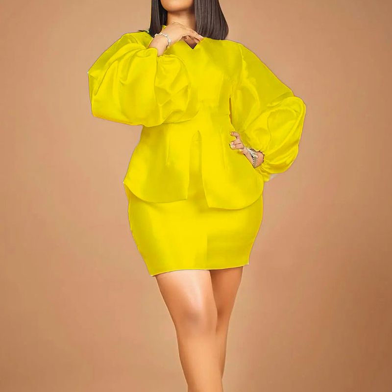 Women's Clothing Temperament Commuter Puff Sleeve Top Hip Skirt Suit_autovado.com