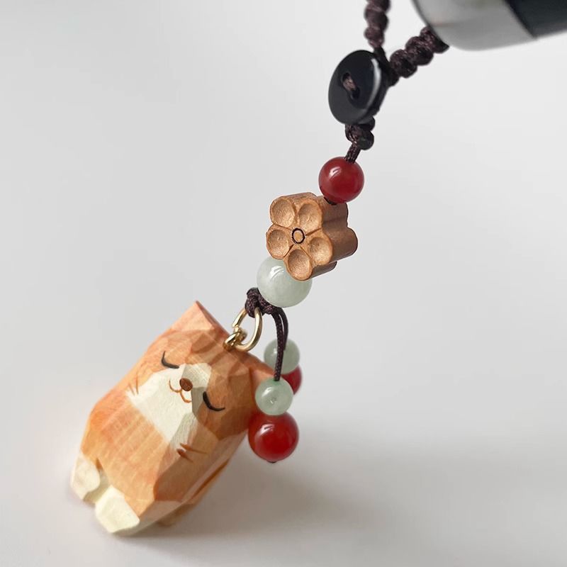 Hand Carved Wood Carved Orange Cat Shiba Inu Mi Ping An Six Character Mantra Woven Keychain Chain Ring Car Schoolbag Pendant Ornament_autovado.com