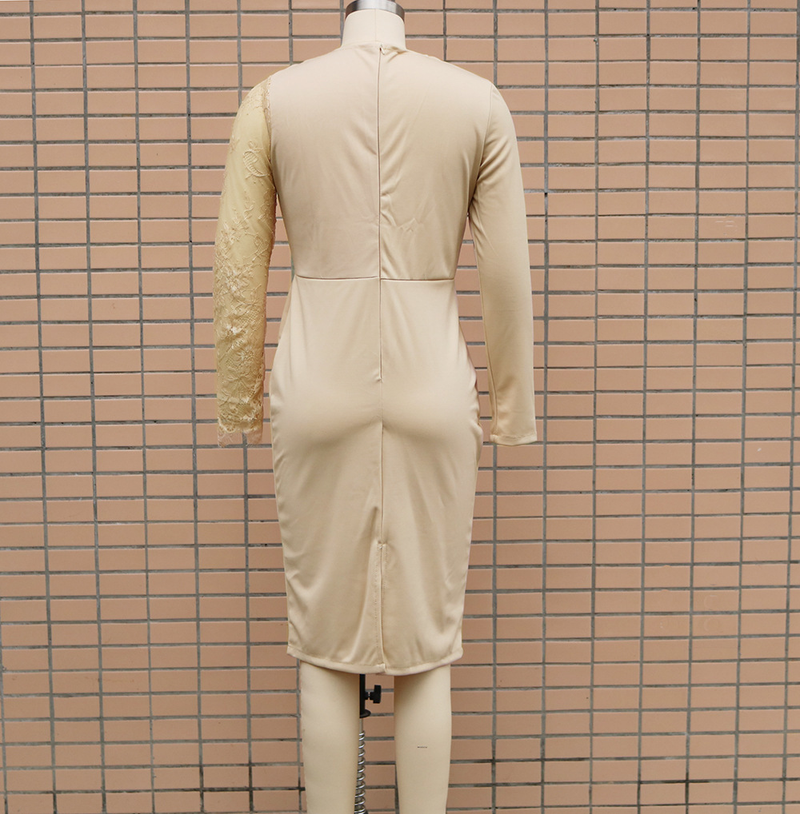 Women's Deep V Neck Long Sleeve Lace Patchwork Slim Fit Hip Wrap Dress_autovado.com
