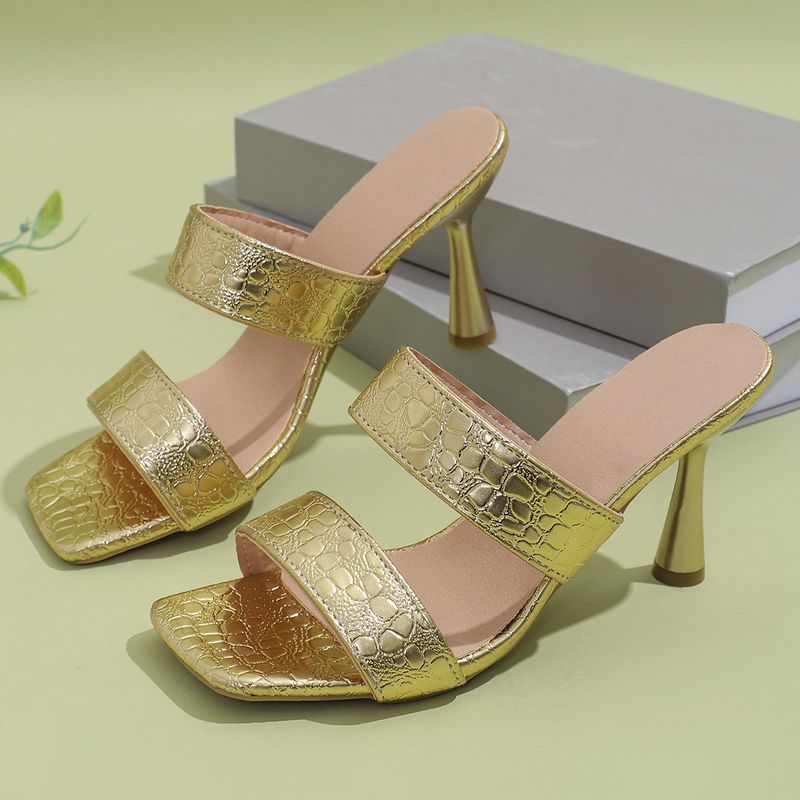 Square head solid color high heel slippers women African fashion one line sandals women Women Heels Slippers_autovado.com