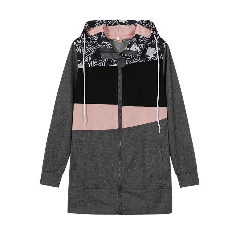 Women's Clothing women's sweatshirt zipper color matching print hooded long sleeved jacket_autovado.com