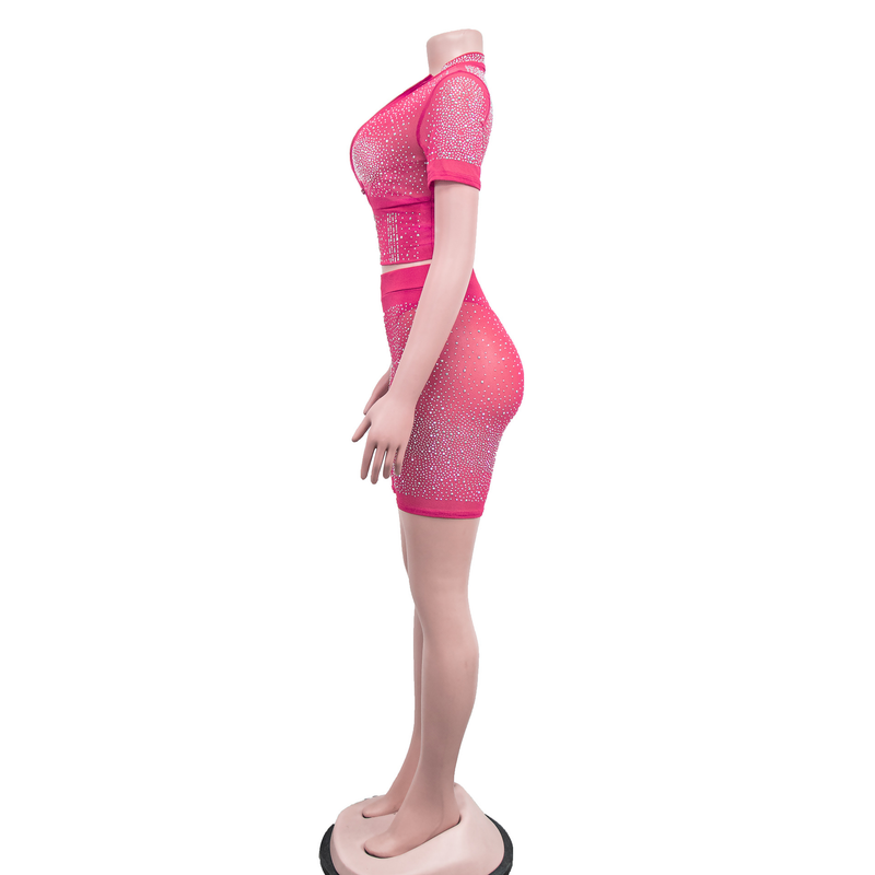 Women's Clothing fashion women's solid color mesh hot diamond short-sleeved shorts two-piece set_autovado.com