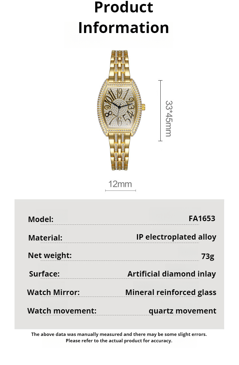 Classic barrel shaped full diamond inlaid luxury women's watch, banquet party jewelry_autovado.com