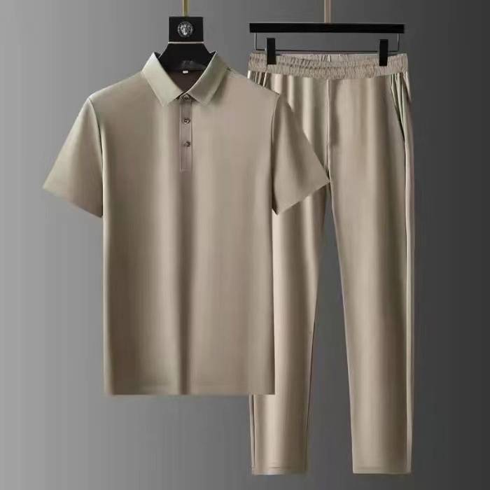 2 Pcs/Set Mens Sets Short Sleeve Seamless Casual Straight Loose Summer Wide Leg Top Trousers Set Men Track Suit_autovado.com
