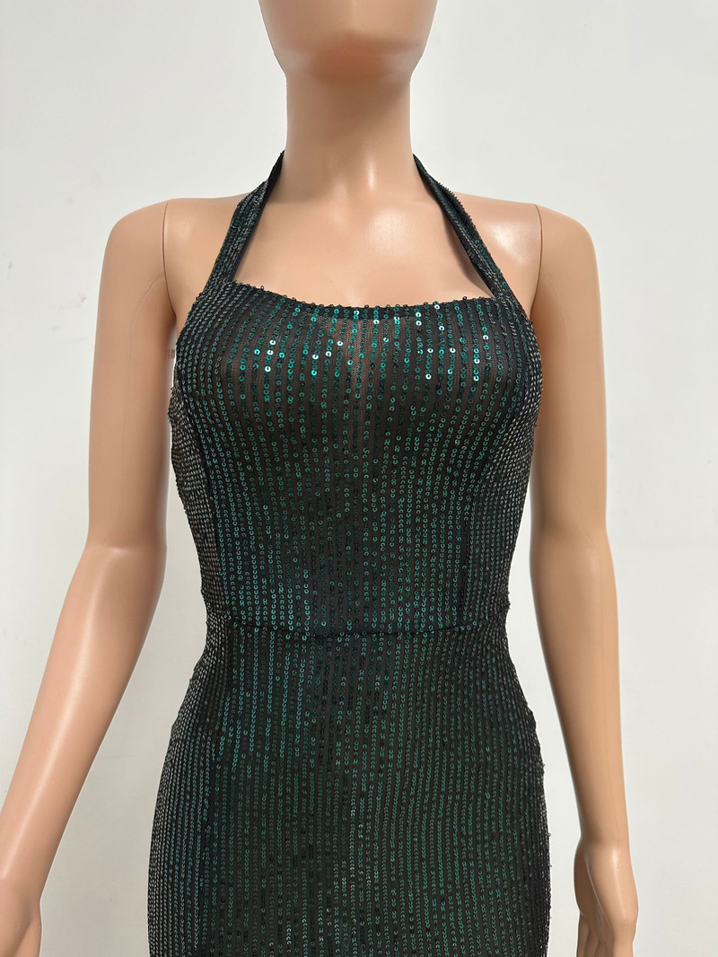 Women's slit sleeveless hot girl dress female halter neck backless sequin dress skirt_autovado.com