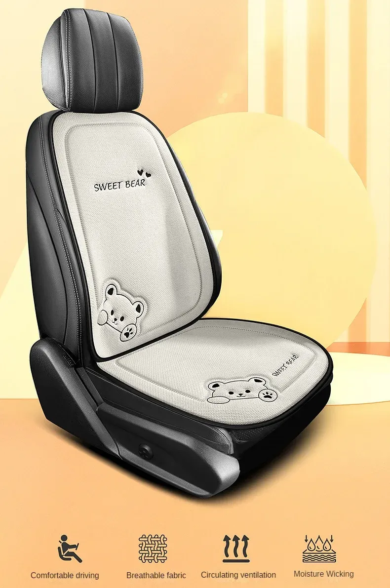 Fashion Linen Cartoon Bear Women's Cute Anti-slip Breathable Car Seat Protect Cushion Cover Universal_autovado.com