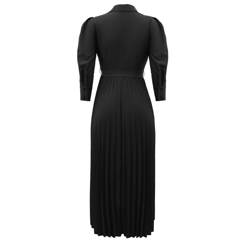 Long sleeved Polo collar high waist fashion casual pleated women's dress_autovado.com