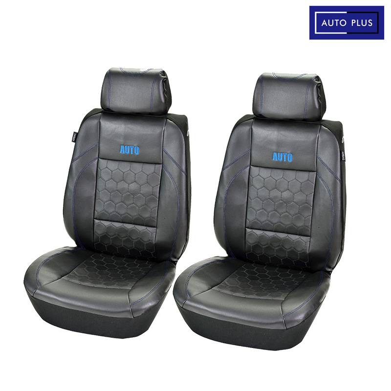 Two front car seat covers black football embroidery PVC splicing black PVC three-dimensional pressure line_autovado.com