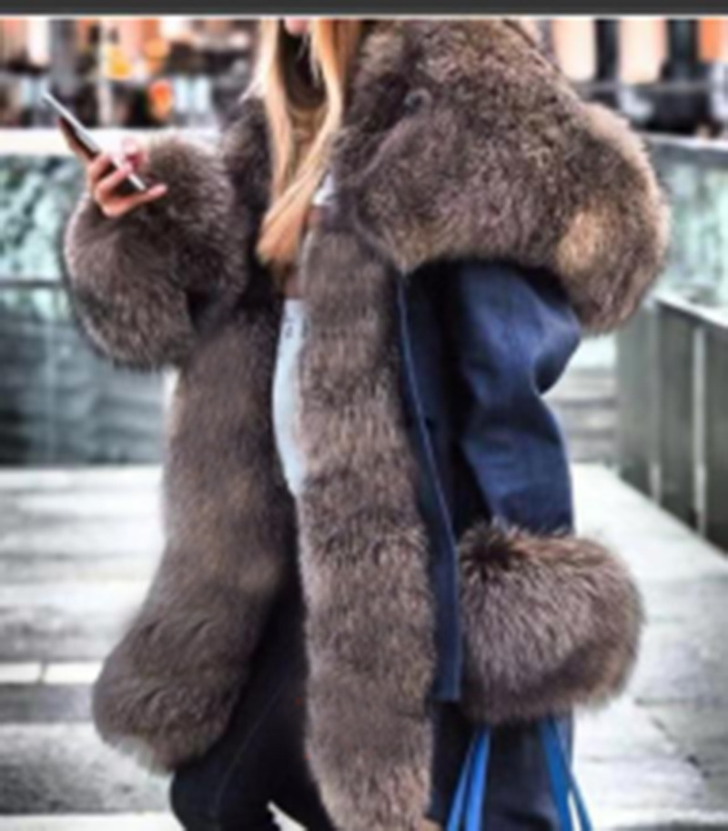 Women's imitation crystal fox fur big collar long fur collar hooded coat_autovado.com