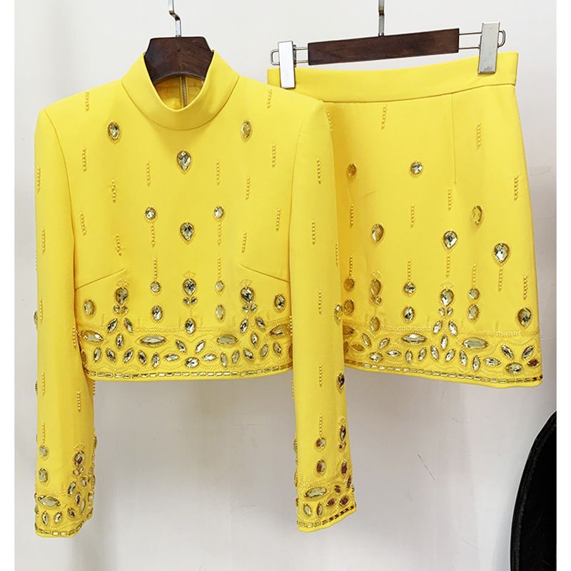 Women's Clothing celebrity fashion new heavy beaded diamond short top skirt suit two piece suit_autovado.com