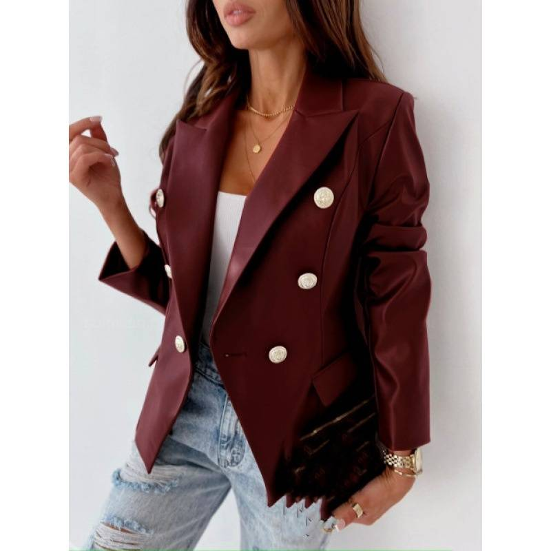 Women's Clothing new style long sleeved double breasted fashionable PU leather suit small jacket_autovado.com