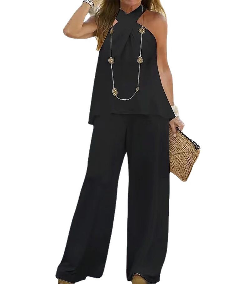 Women's new fashion casual backless solid color sleeveless suit wide-leg pants two-piece suit_autovado.com