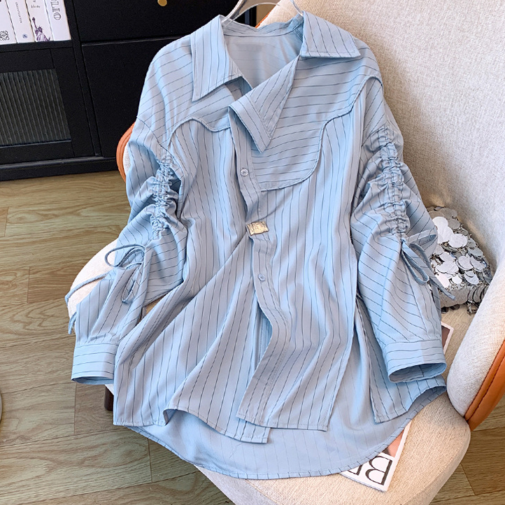 n mid-length striped blouse waist shirt slim chic top_autovado.com