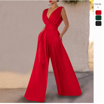 Women's Solid Color V-neck Sleeveless Long Skirt Shoulder Flower Dress For Women_autovado.com