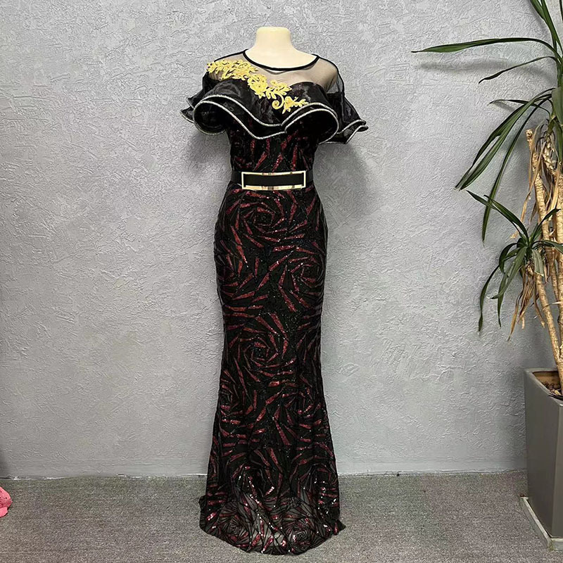 Rose-shaped Sequins Slim Mermaid Evening Dress Long Skirt One-shoulder Lotus Leaf Luxury Women's Clothing_autovado.com