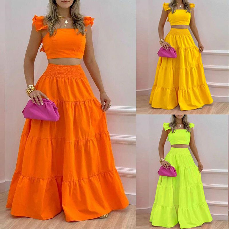 Women's Solid Color Mid-Waist Two Piece Set Sexy Strap Trendy Dress Spring/Summer Casual Ankle-Length Straight Skirt_autovado.com