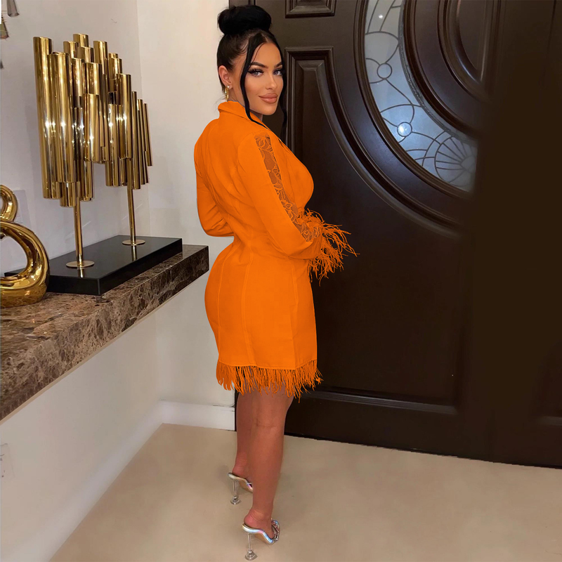 Women's fashion women's V-neck long-sleeved double-breasted tassel openwork dress_autovado.com